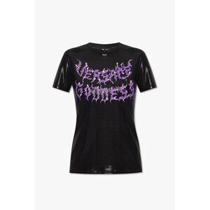 NWT $775 Versace Runway SS23 Goddess Black Printed Metallic T-Shirt  IT 40/US 4